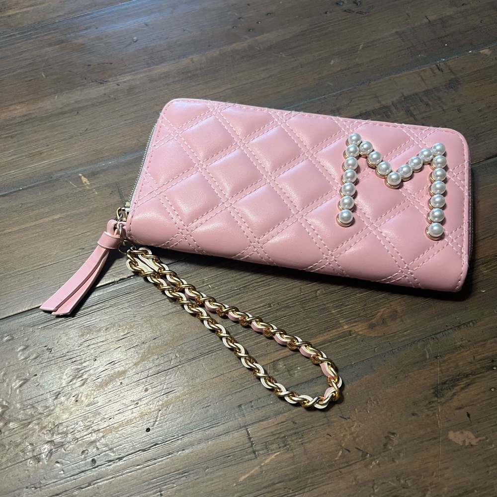 Claire’s pearl letter “M” pink wallet wristlet